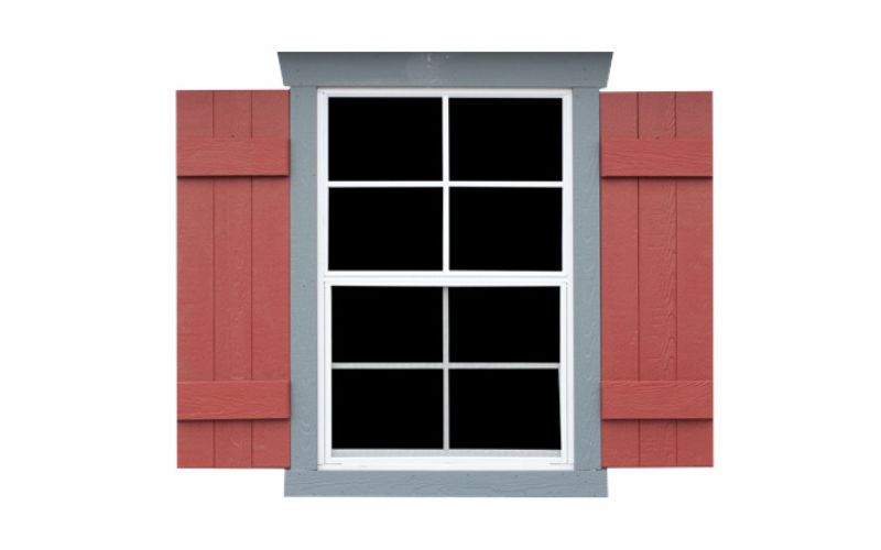 3-Slat Wood Shutters with gray trim and red shutters