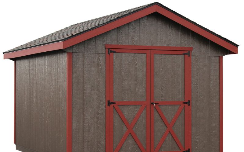 8 inch overhangs on an a-frame shed with brown siding and red trim