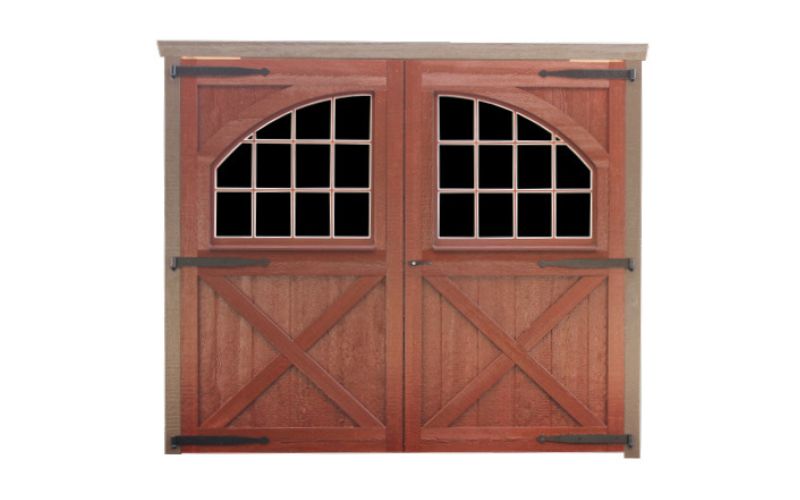 Carriage house 8x7 double door with arched windows, black hinges, and brown wood