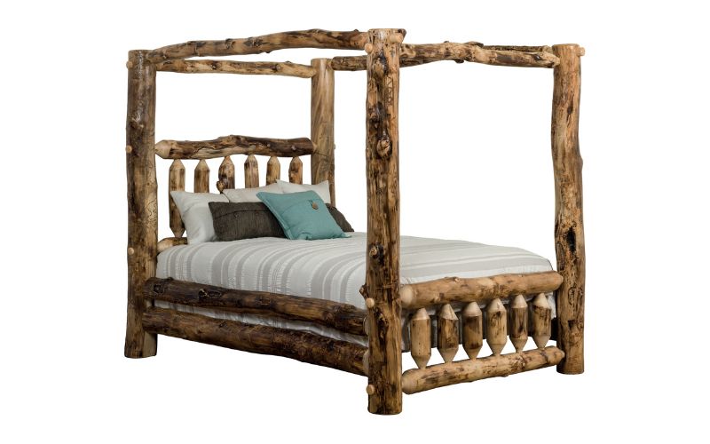 Aspen Collection Canopy Bed with white bedding and wood accents