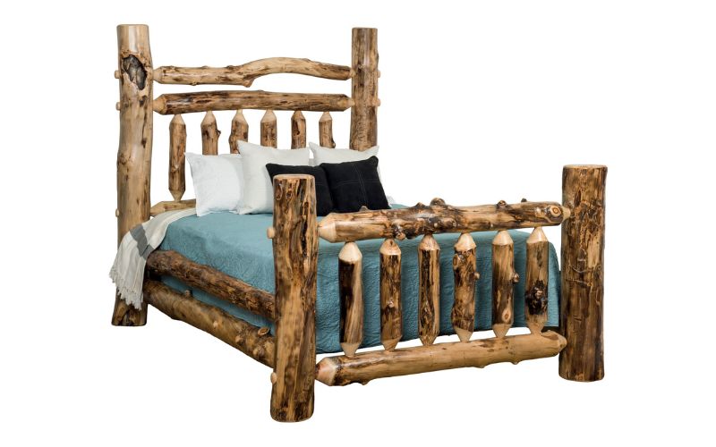 Aspen Collection Grand Queen Bed with wood accents and blue bedding