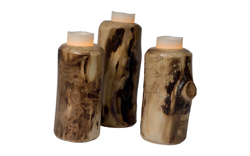 3 wooden Aspen Collection Individual Candle Holders with flameless candles