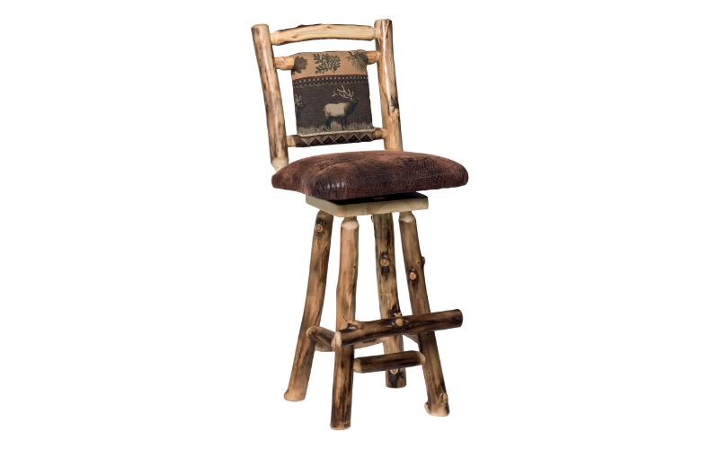 Aspen Collection Barstool with brown padded seat and padded back with elk print