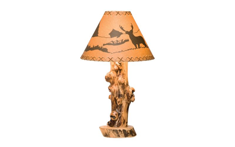 Rustic Table Lamp in the Aspen Collection with a mountain pattern lamp shade