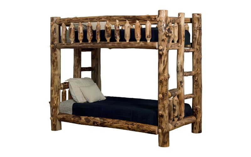 Aspen Collection Twin Over Twin Bunk Beds with a built-in ladder and black bedding