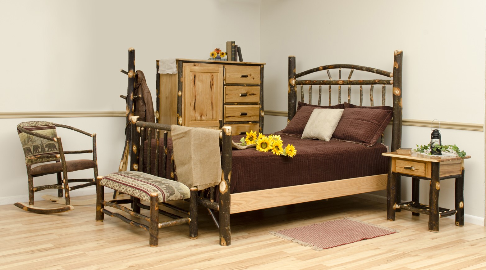 Hickory Collection Bedroom Set with a rocking chair, padded bench, dresser, and nightstand