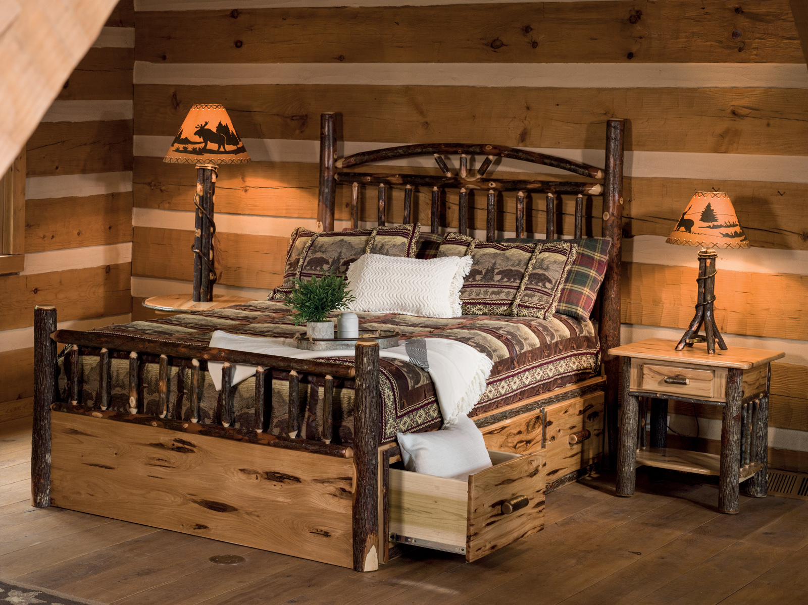 Hickory Collection Bedroom Set with underbed storage bed, nighstands, and lamps