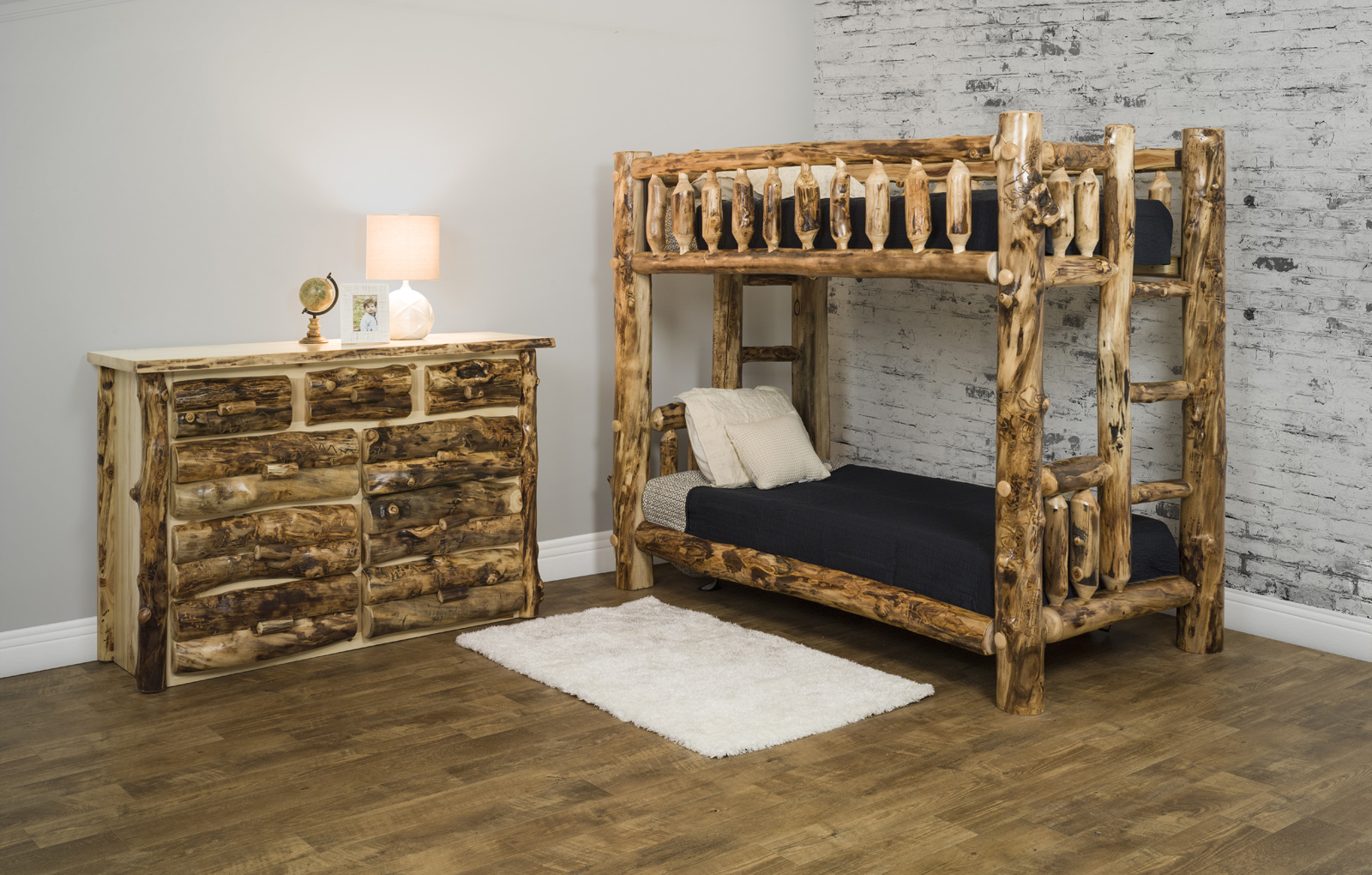 Room with an Aspen Collection Bunk Beds and 9 Drawer Dresser