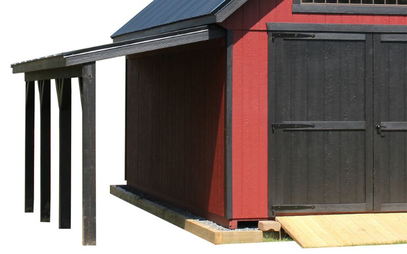 Ease overhang with black posts attached to a red and black shed