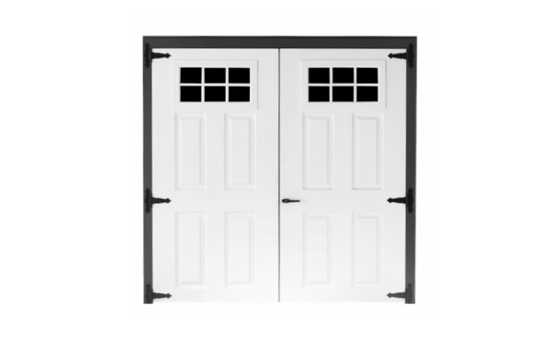 Fiberglass double door in white with glass panes and black hinges