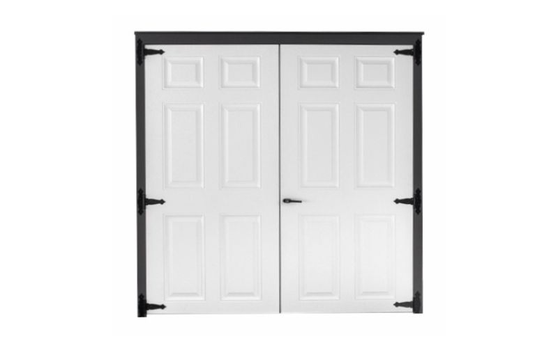 Fiberglass double door in white with black hinges and no windows