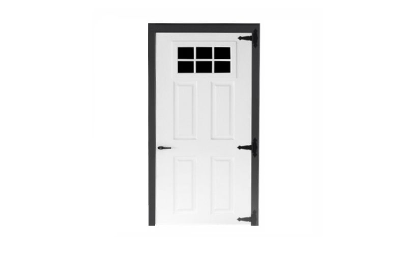 Single fiberglass door in white with 6-pane glass and black hinges