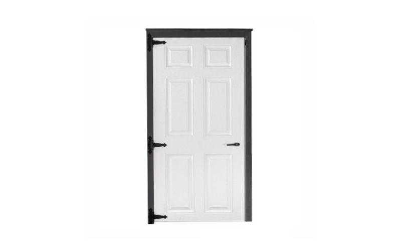 Single fiberglass door in white with black hinges and no windows