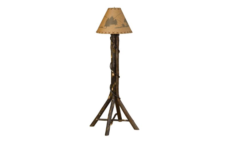 Hickory Collection Floor Lamp with wood accents and a brown forest lampshade