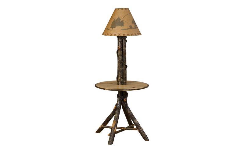 Hickory Collection Floor Lamp with Table, wood accents, and a brown forest lampshade