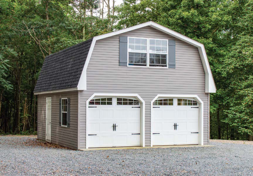 2-Car Gambrel Garage with gray siding, white trim, black roofing, and white garage doors.