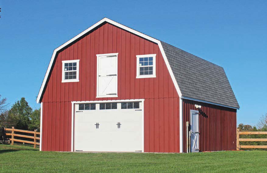 Gambrel Garage with red siding, white trim, gray roofing, and white doors