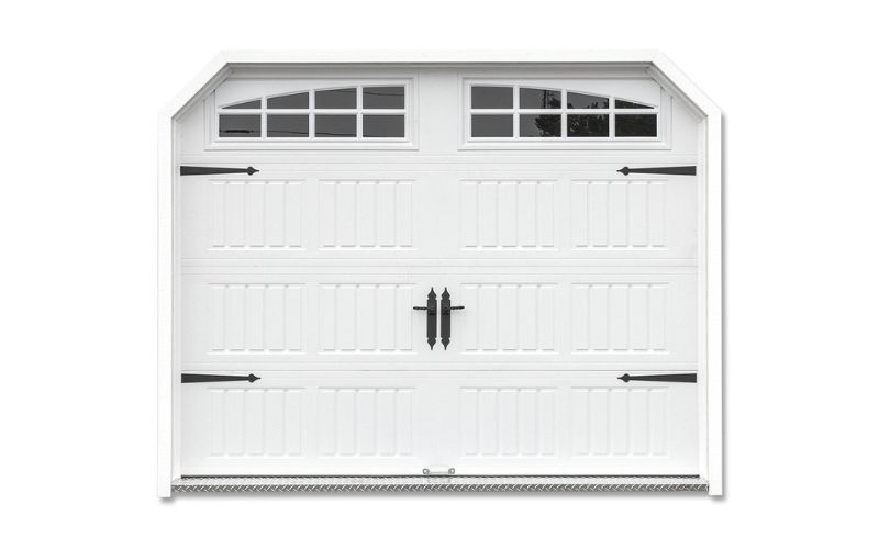 Heritage overhead garage door in white with stockton arched windows and black hinges