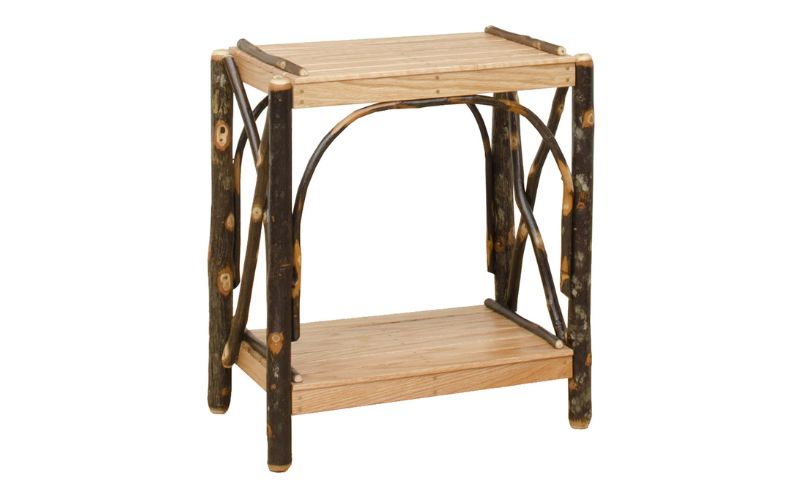 Hickory Collection 2 Tier End Table with light wood shelves and dark wood legs