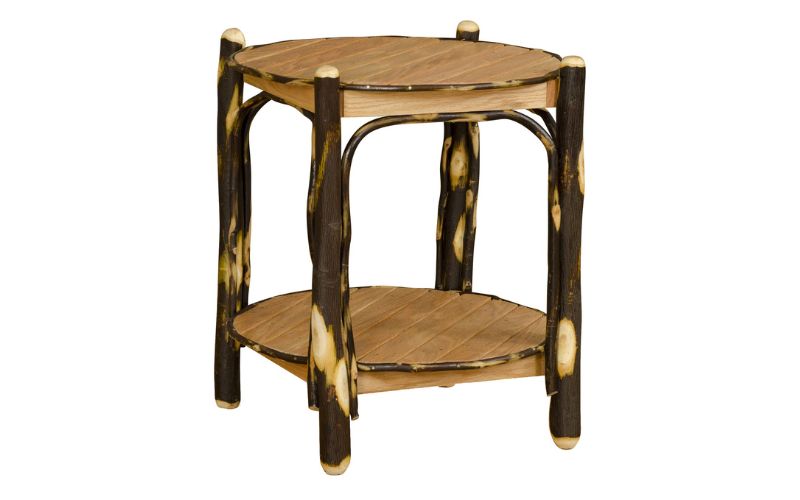 Hickory Collection 2 Tier Round Table with light wood shelves and dark wood legs