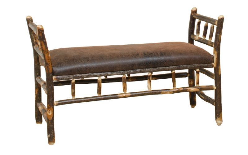 Hickory Collection Arm Bench with brown leather cushion