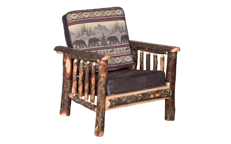 Hickory Collection Arm Chair with real wood, a bear mountain patterned back cushion, and a brown leather seat cushion