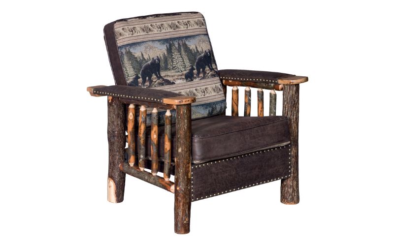 Hickory Collection Arm Chair with real wood, a bear patterned back cushion, a brown leather seat cushion, brown leather arm rests, and brown leather seat accents