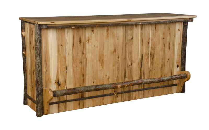 Front view of a bar made with real wood and branch accents