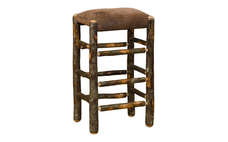 Counter stool with real wood legs and a brown leather seat cushion