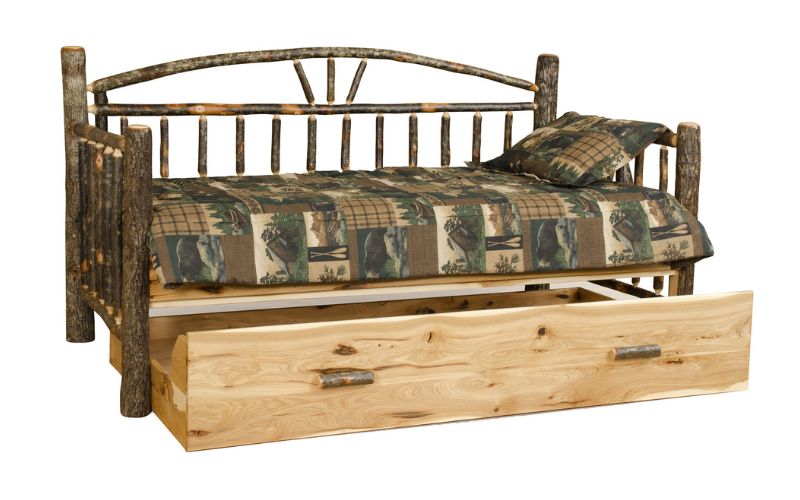 Hickory Collection Day Bed with Trundle and cabin pattern bedding