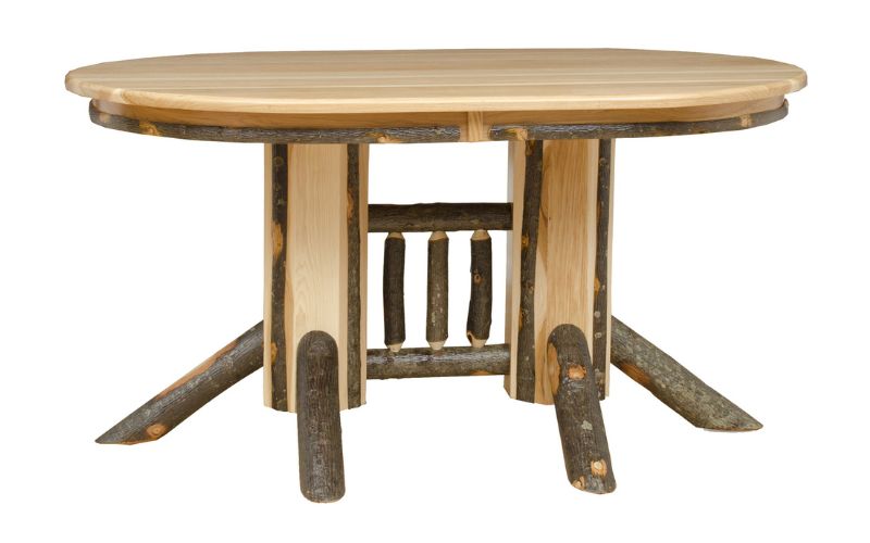 Double pedestal table with light-colored wood tabletop, rounded corners, and branch legs