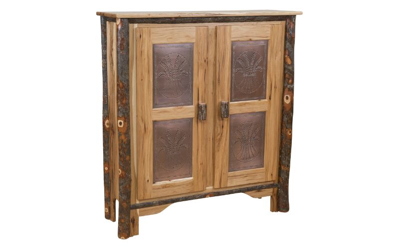 Double pie safe with wheat decorative elements, a set of cabinets, and branch legs