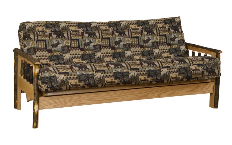 Wood base futon with branch accents and a cushion pattern with bears, deer, moose, trees, and pinecones