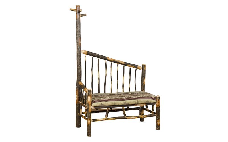 Wood hall bench with an attached coat rack and bear patterned seat cushion