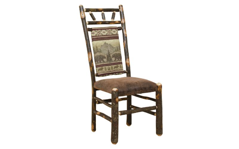 High back dining side chair with a bear patterned back cushion and a brown leather seat cushion