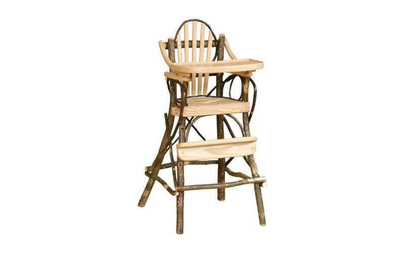 High chair with light-colored wood, twig accents, and branch legs