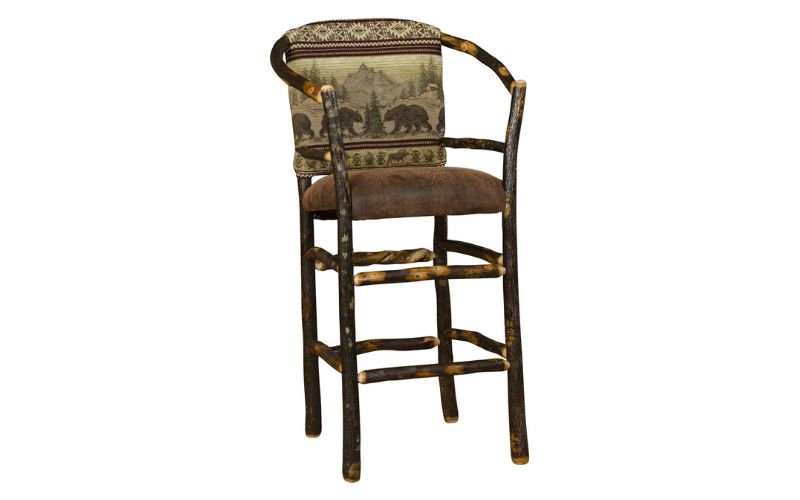Barstool chair with a hoop back, a bear patterned back cushion, and a brown leather seat cushion