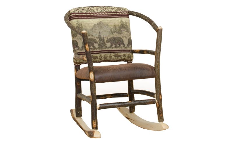Hoop Rocker made with wood, a bear patterned back cushion, and a brown leather seat cushion