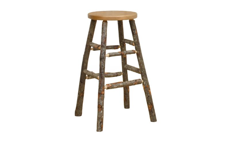 Kitchen stool with a light-colored wood seat and branch base