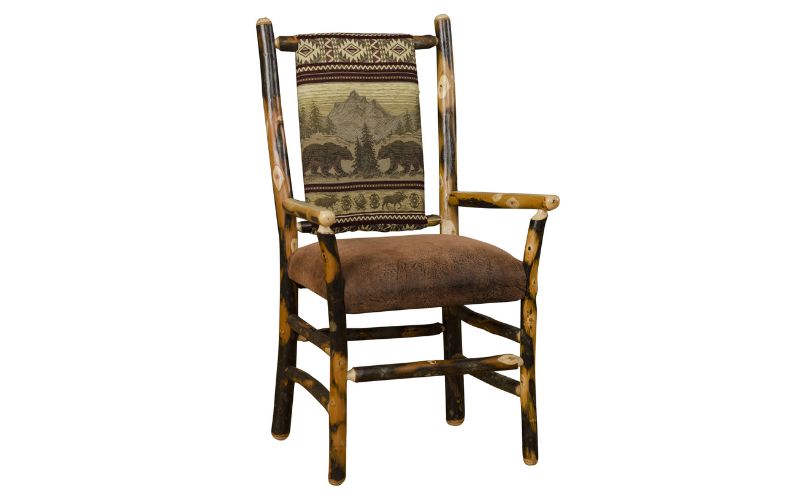 Low back dining arm chair with a bear patterned back cushion and a brown leather seat cushion