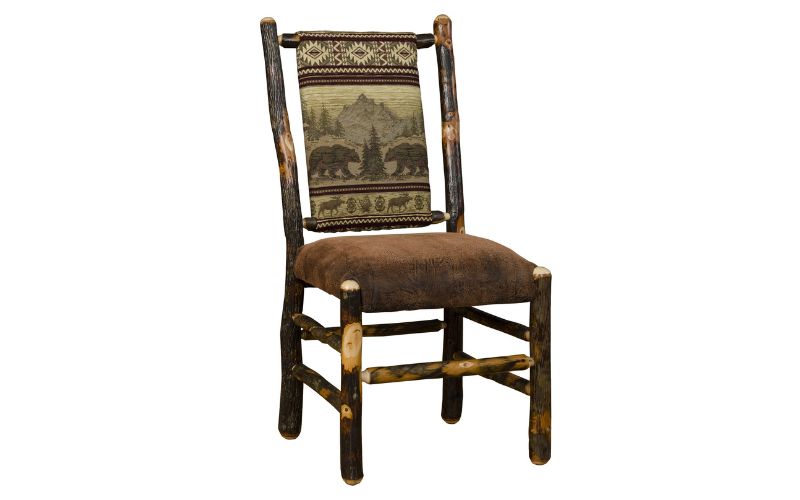 Low back dining side chair with a bear patterned back cushion and a brown leather seat cushion