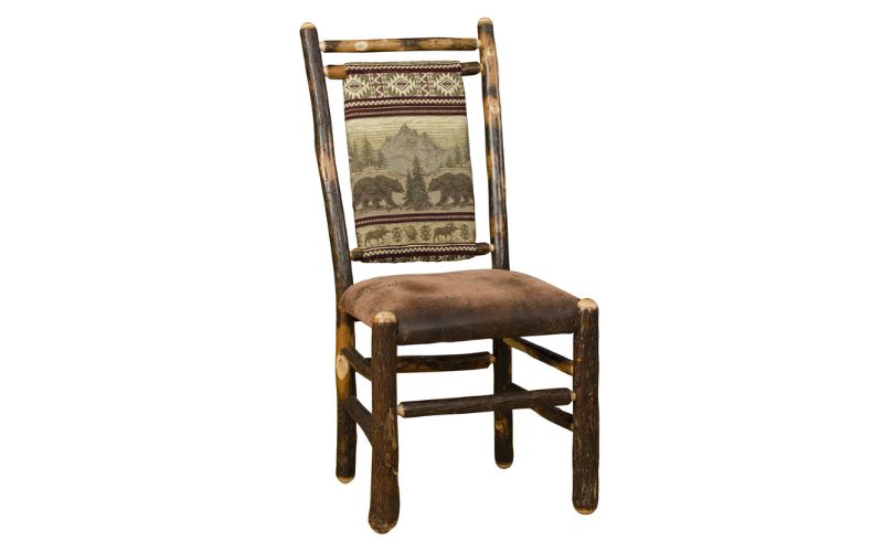 Medium back dining side chair with a bear patterned back cushion and a brown leather seat cushion