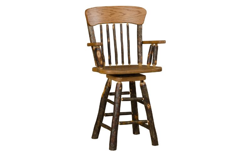 Wood barstool with a branch base, an oak back, and arm rests