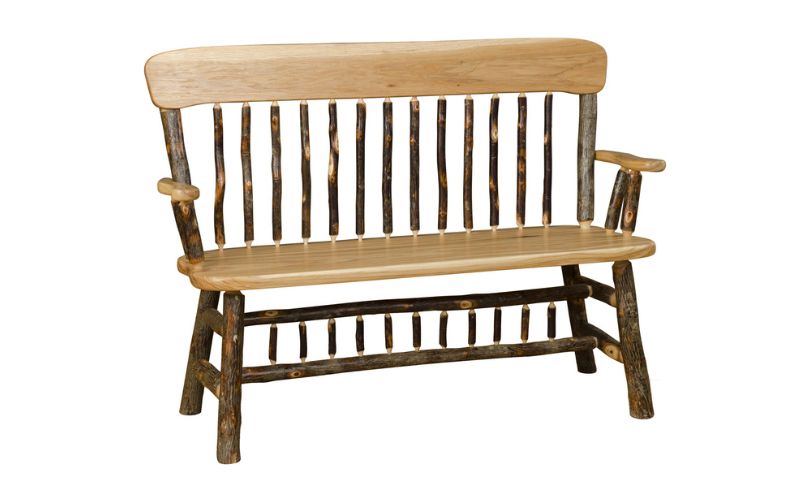 Deacon bench with an oak back, branch base, and arm rests
