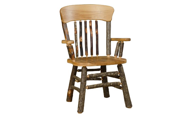 Arm chair for dining with a branch base, panel back, and wood arm rests