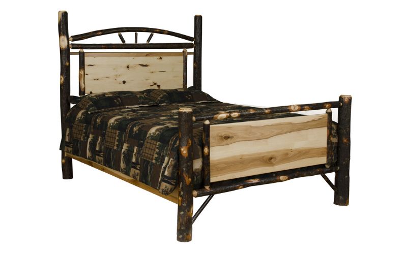 Hickory Collection Panel Bed with wood accents and forest pattern bedding