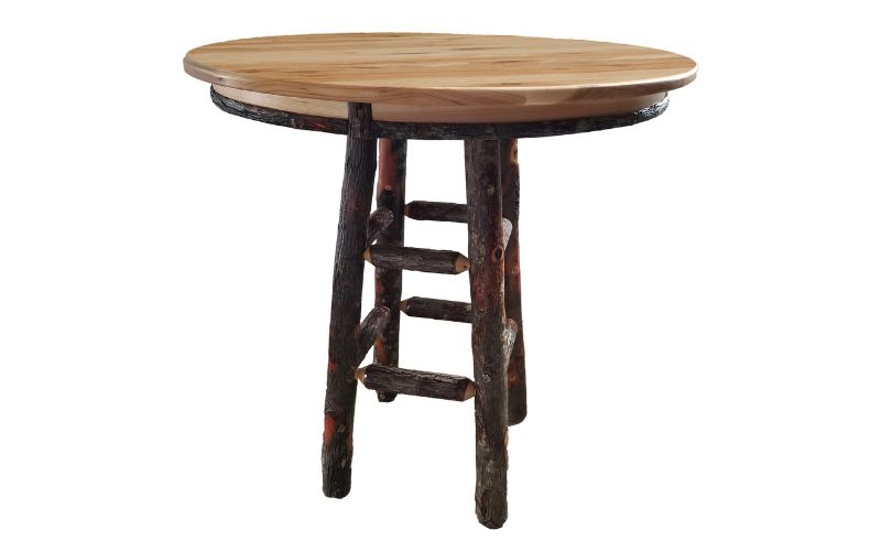 Pub table with a light-colored wood top and dark branch base