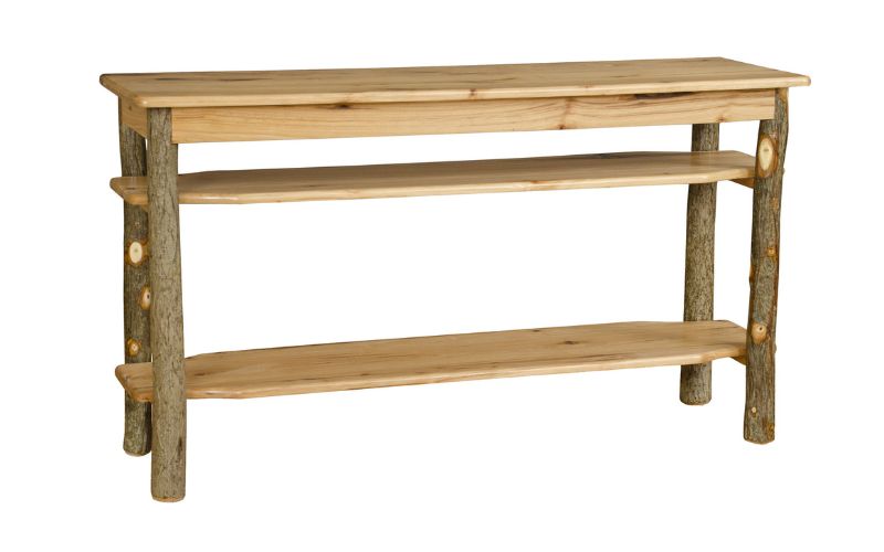 Sofa TV stand with light-colored shelves, 2 lower shelves, and branch legs