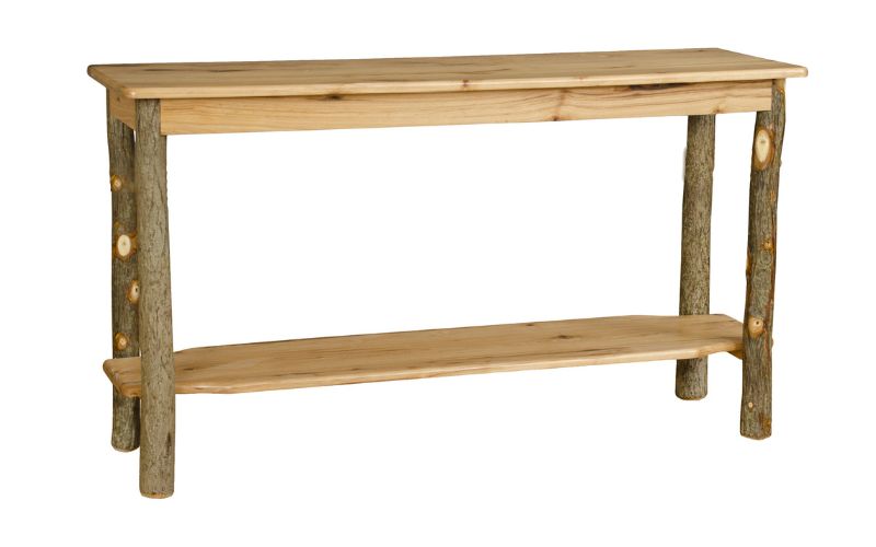Sofa table with light-colored shelves, a lower shelf, and branch legs
