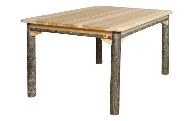 Solid top rectangle dining table with a light-colored wood top and branch legs